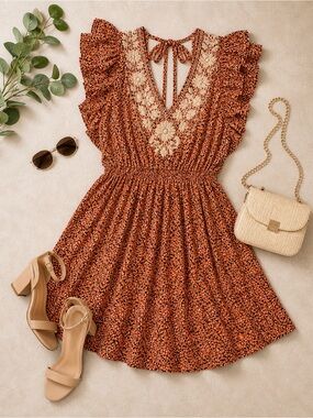 Plus Size 1X Savanna Jane Rust Floral Backless Ruffle Boho Dress|Lace Detail